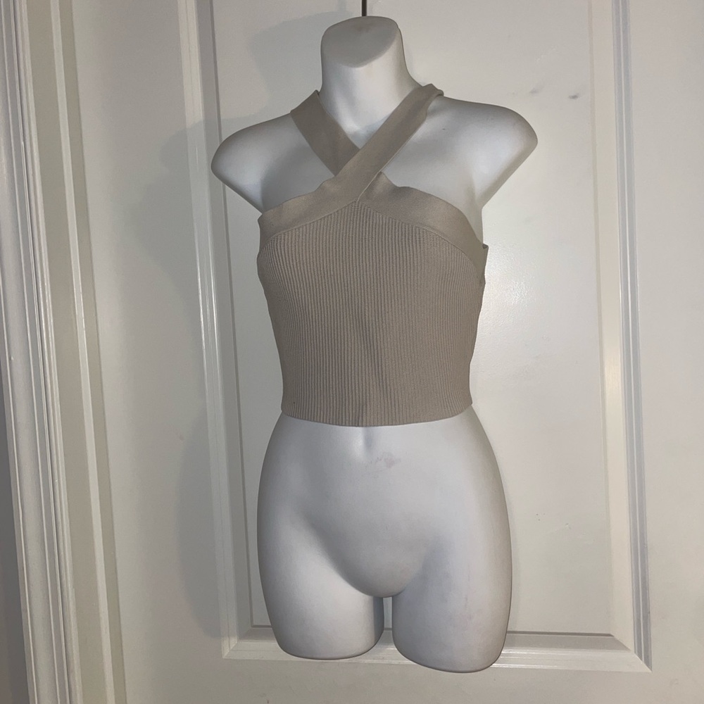 Aritzia Beige Ribbed Cross-Strap Top